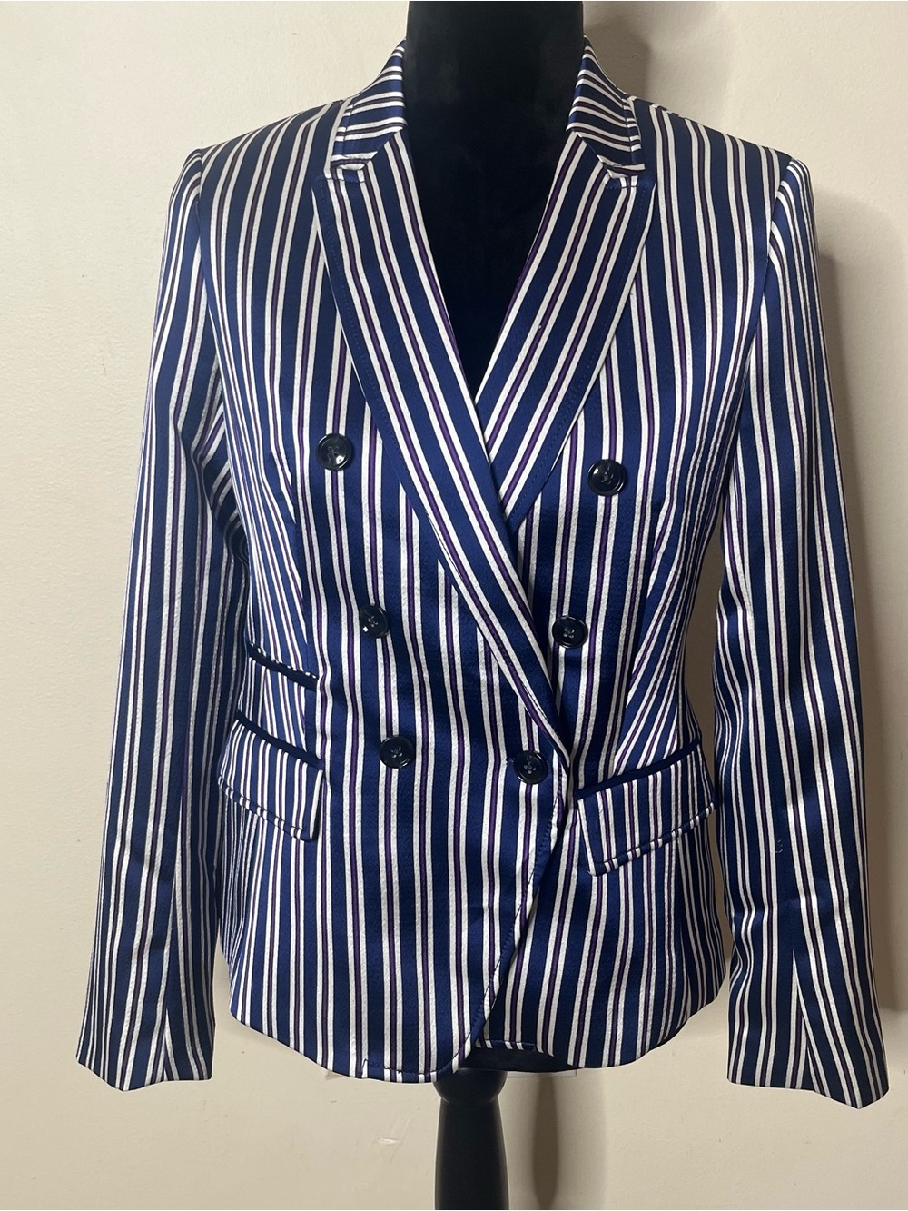 Banana Republic Women’s Navy Red White Striped Double-Breasted Satin Blazer Sz 2 - Picture 1 of 10
